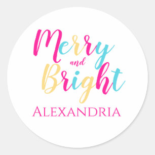 Merry and Bright Personalized Colourful Christmas Classic Round Sticker