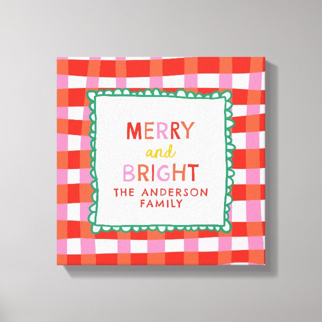 Merry and Bright Personalized Gingham Red & Pink Canvas Print (Front)