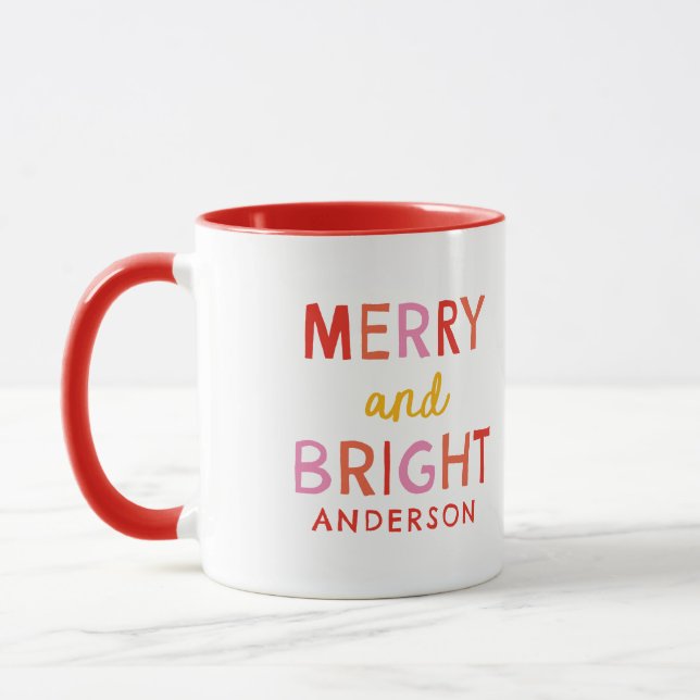 Merry and Bright Personalized Gingham Red & Pink Mug (Left)