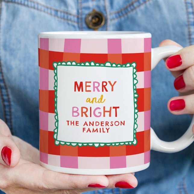 Merry and Bright Personalized Gingham Red & Pink Mug (Creator Uploaded)