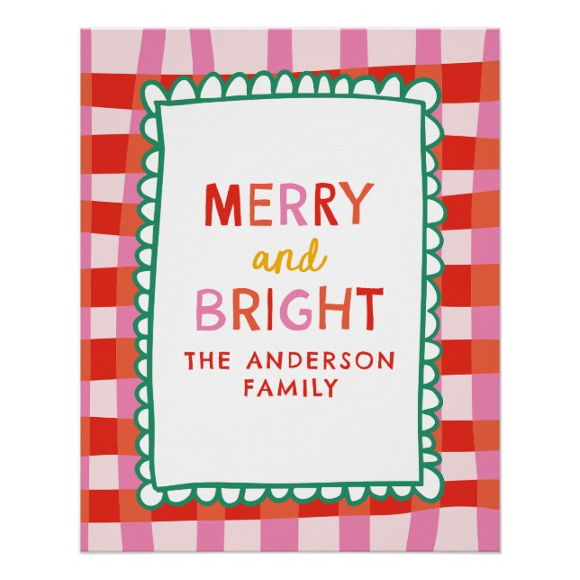 Merry and Bright Personalized Gingham Red & Pink Poster (Front)