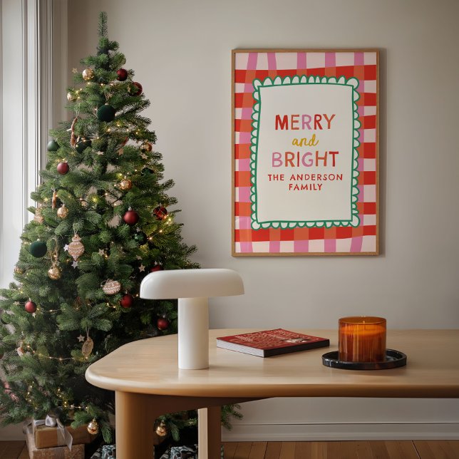 Merry and Bright Personalized Gingham Red & Pink Poster (Creator Uploaded)
