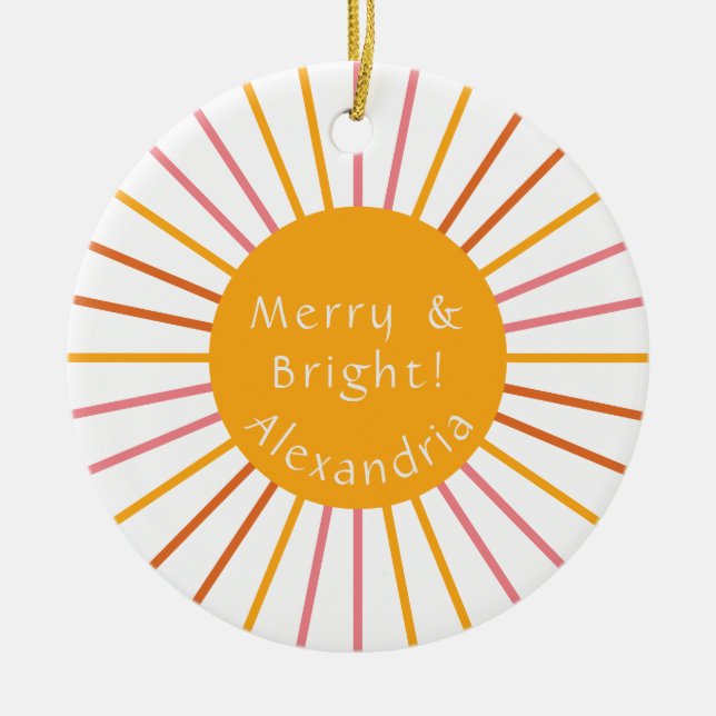 Merry and Bright Personalized Yellow Ceramic Ornament (Front)