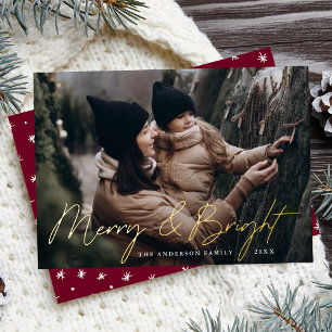 Merry and Bright Photo Burgundy and Gold Foil Holiday Card