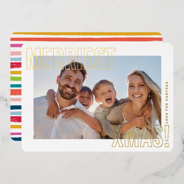 MERRY and BRIGHT PHOTO modern family colourful Foil Holiday Card (Front/Back)