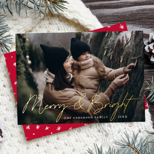 Merry and Bright Photo Red and Gold Foil Holiday Card