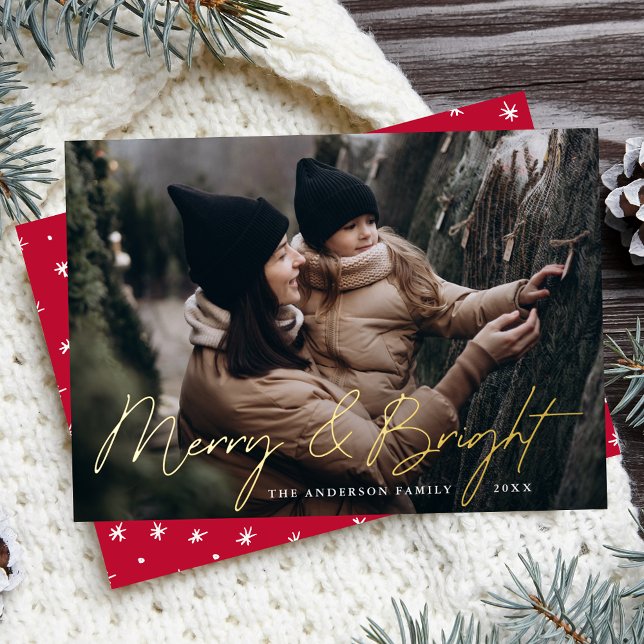 Merry and Bright Photo Red and Gold Foil Holiday Card (Creator Uploaded)