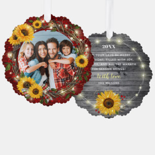 Merry and Bright Photo Rustic Sunflower Christmas Ornament Card