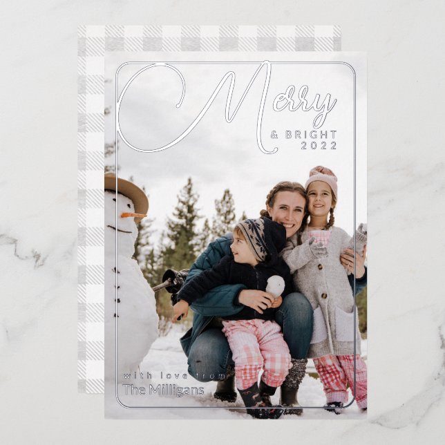Merry and Bright Photo with Buffalo Plaid Foil Hol Foil Holiday Card (Front/Back)