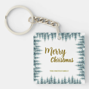 Merry and Bright pine tree forest Christmas Keychain