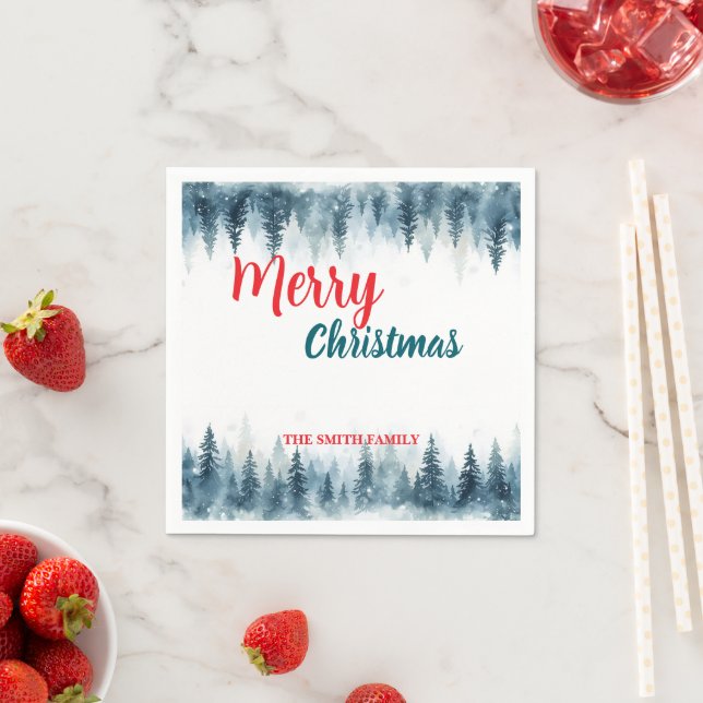 Merry and Bright pine tree forest Christmas Napkin (Insitu)