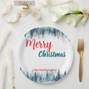 Merry and Bright pine tree forest Christmas Paper Plate