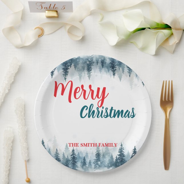 Merry and Bright pine tree forest Christmas Paper Plate (Wedding)