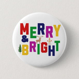 Merry and Bright Pine Tree Reindeer Snowman 2 Inch Round Button