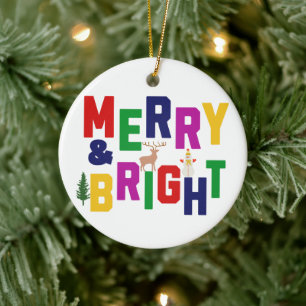 Merry and Bright Pine Tree Reindeer Snowman  Ceramic Ornament