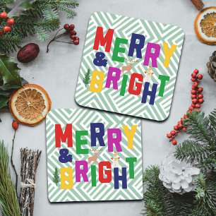Merry and Bright Pine Tree Reindeer Snowman Coaster