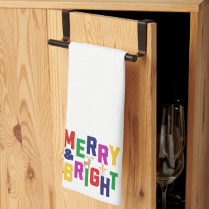 Merry and Bright Pine Tree Reindeer Snowman  Kitchen Towel