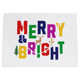 Merry and Bright Pine Tree Reindeer Snowman Large Gift Bag