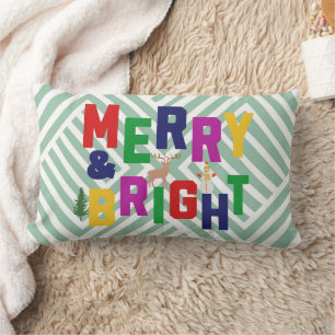 Merry and Bright Pine Tree Reindeer Snowman  Lumbar Pillow