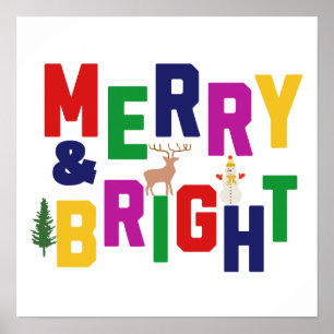 Merry and Bright Pine Tree Reindeer Snowman Poster