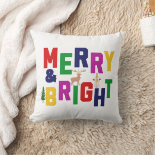 Merry and Bright Pine Tree Reindeer Snowman  Throw Pillow