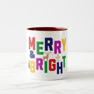 Merry and Bright Pine Tree Reindeer Snowman Two-Tone Coffee Mug