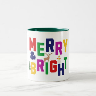 Merry and Bright Pine Tree Reindeer Snowman  Two-Tone Coffee Mug