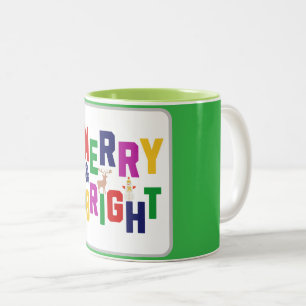 Merry and Bright Pine Tree Reindeer Snowman Two-Tone Coffee Mug