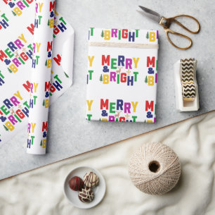 Merry and Bright Pine Tree Reindeer Snowman Wrapping Paper