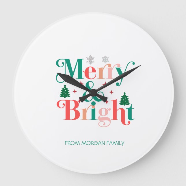 Merry And Bright Pine Tree Snowflakes Large Clock (Front)