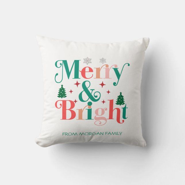 Merry And Bright Pine Tree Snowflakes Throw Pillow (Front)