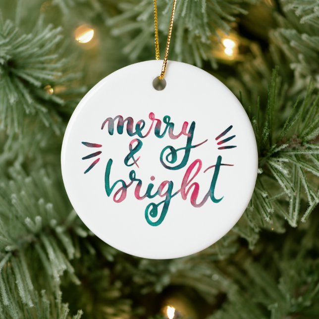 Merry and bright - pink and green ceramic ornament (Tree)
