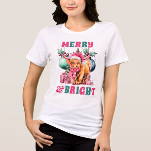 Merry and Bright Pink Christmas Highland Cow Tri-Blend Shirt