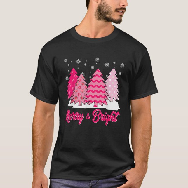 Merry And Bright Pink Christmas Tree Costume Famil T-Shirt (Front)
