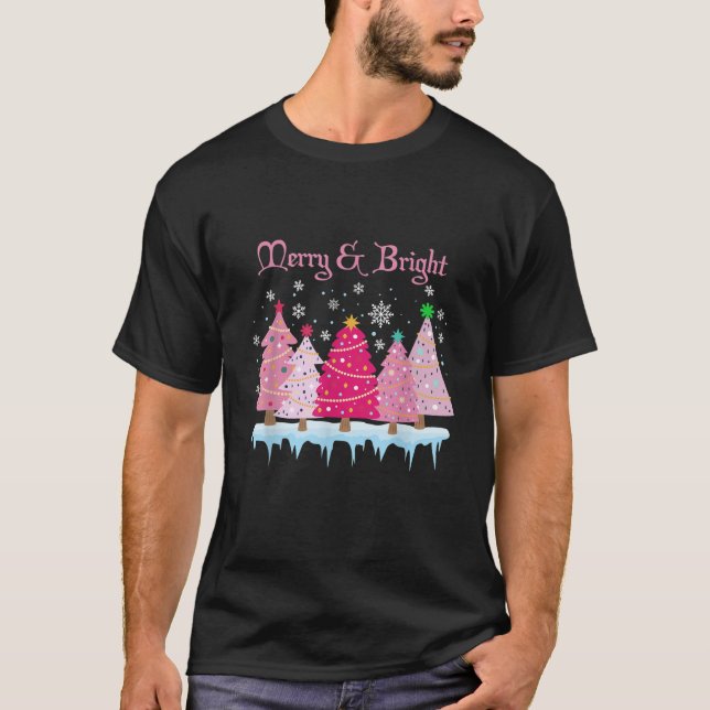 Merry and Bright Pink Christmas Tree Pink Christma T-Shirt (Front)