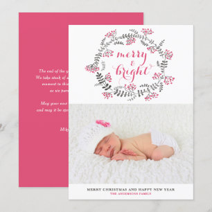 Merry and Bright Pink Christmas Wreath Photo Holiday Card