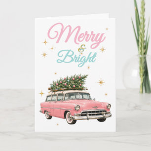 Merry and Bright Pink Retro Car Vintage Christmas Card