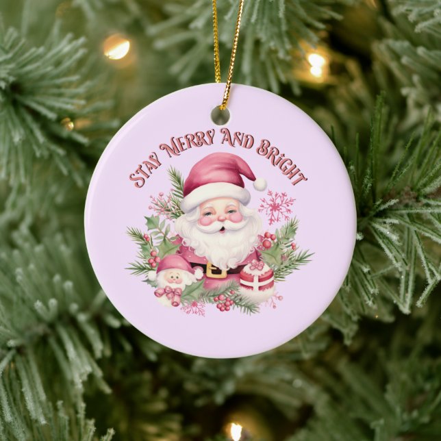 Merry and Bright - Pink Santa Ceramic Ornament (Tree)