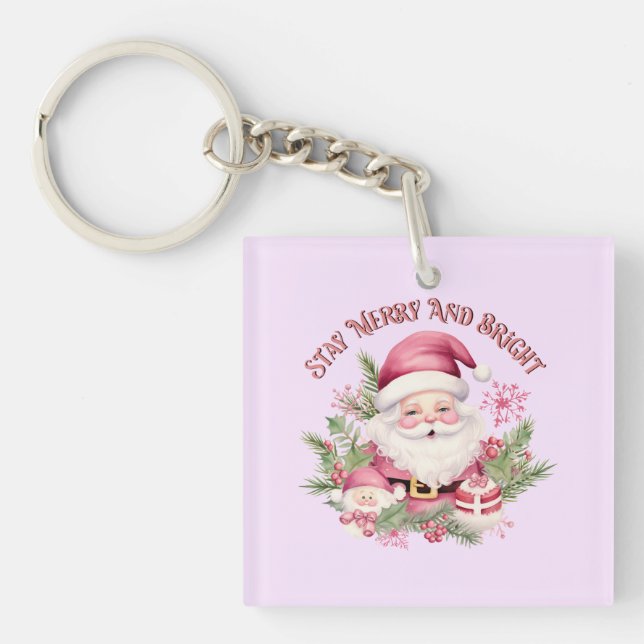 Merry and Bright - Pink Santa Keychain (Front)