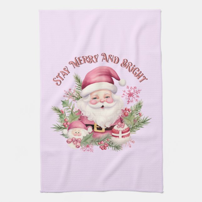 Merry and Bright - Pink Santa Kitchen Towel (Vertical)