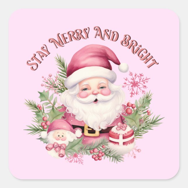 Merry and Bright - Pink Santa Square Sticker (Front)
