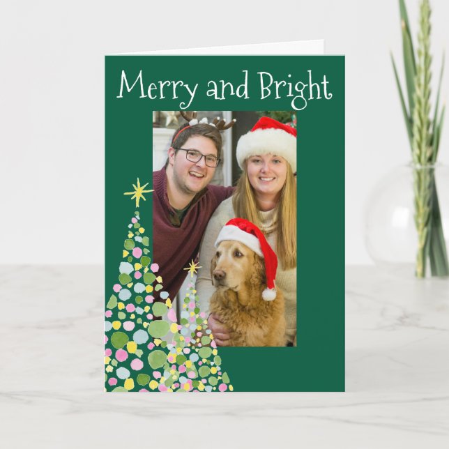 Merry and Bright  Polka Dot Christmas Tree Holiday Card (Front)
