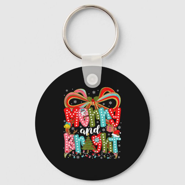 Merry And Bright Preppy Coquette Bow Christmas Wom Keychain (Front)