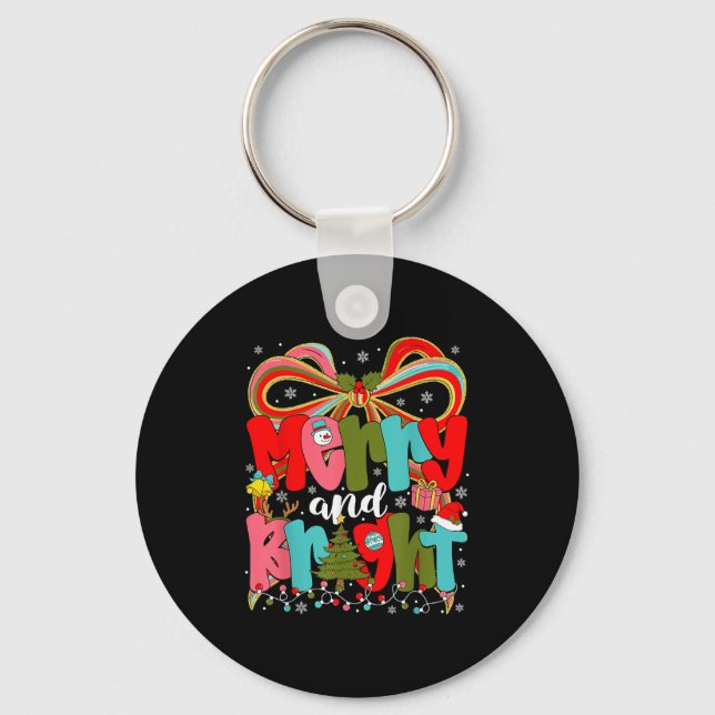 Merry And Bright Preppy Coquette Bow Christmas Wom Keychain (Front)
