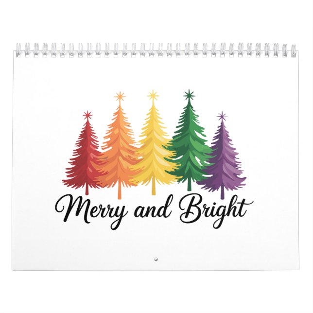 Merry And Bright Rainbow Christmas Tree Gay LGBTQ  Calendar (Cover)