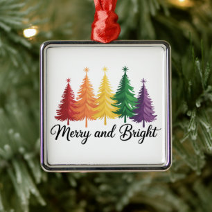 Merry And Bright Rainbow Christmas Tree Gay LGBTQ  Metal Ornament