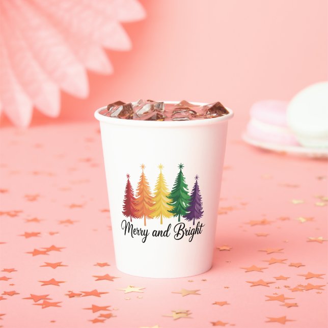 Merry And Bright Rainbow Christmas Tree Gay LGBTQ  Paper Cups (Insitu)