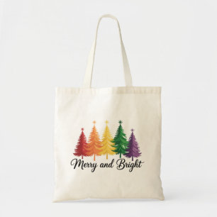Merry And Bright Rainbow Christmas Tree Gay LGBTQ  Tote Bag