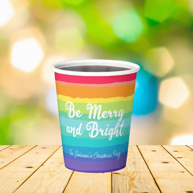 Merry and Bright Rainbow Custom Christmas Party Paper Cups (Creator Uploaded)