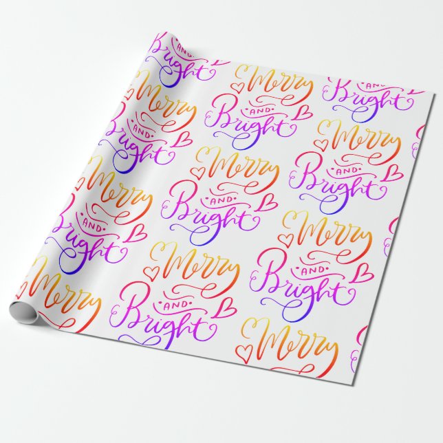 Merry And Bright Rainbow Script Holiday Wrapping Paper (Unrolled)